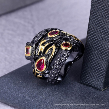 anillo de rubíes de oro negro de circonita de joyería de cobre para mujer